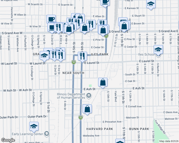 map of restaurants, bars, coffee shops, grocery stores, and more near 1911 South 7th Street in Springfield