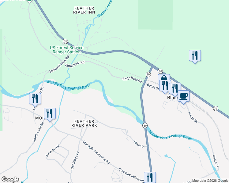 map of restaurants, bars, coffee shops, grocery stores, and more near Little Bear Road in Plumas County