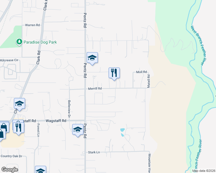 map of restaurants, bars, coffee shops, grocery stores, and more near 1805 Merrill Road in Paradise