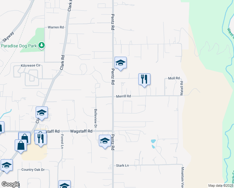 map of restaurants, bars, coffee shops, grocery stores, and more near 1701 Merrill Road in Paradise