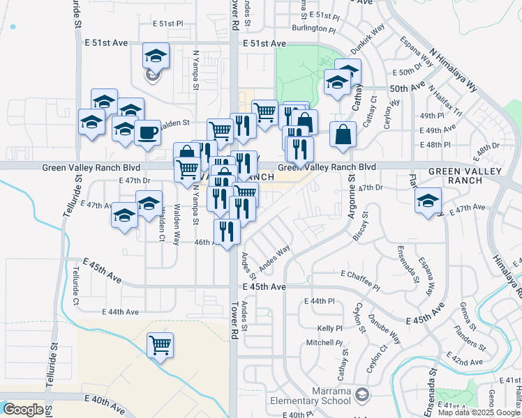 map of restaurants, bars, coffee shops, grocery stores, and more near 18570 East 47th Avenue in Denver