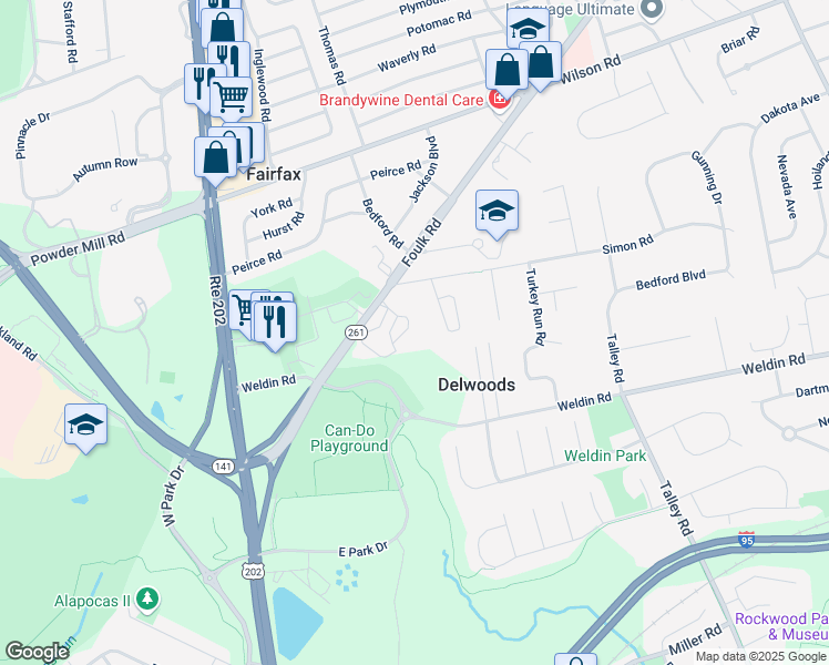 map of restaurants, bars, coffee shops, grocery stores, and more near 402 Foulk Road in Wilmington