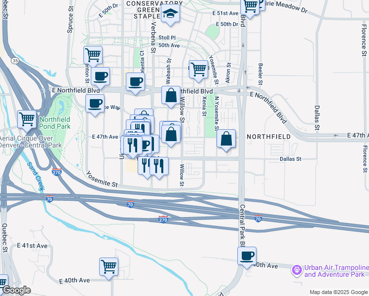 map of restaurants, bars, coffee shops, grocery stores, and more near 8634 Northfield Boulevard in Denver