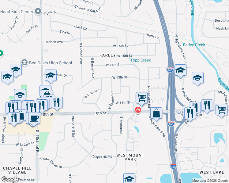 map of restaurants, bars, coffee shops, grocery stores, and more near 1201 North Bauman Street in Indianapolis
