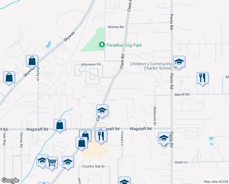 map of restaurants, bars, coffee shops, grocery stores, and more near 1552 Adams Road in Paradise