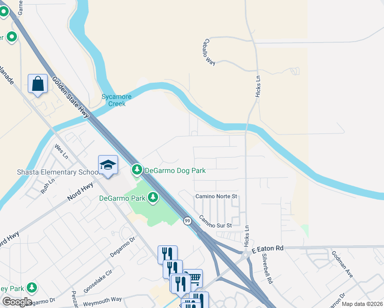 map of restaurants, bars, coffee shops, grocery stores, and more near 3619 Melbourne Lane in Chico