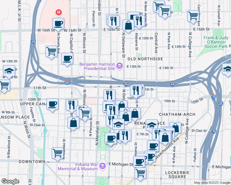 map of restaurants, bars, coffee shops, grocery stores, and more near 1011 North Pennsylvania Street in Indianapolis