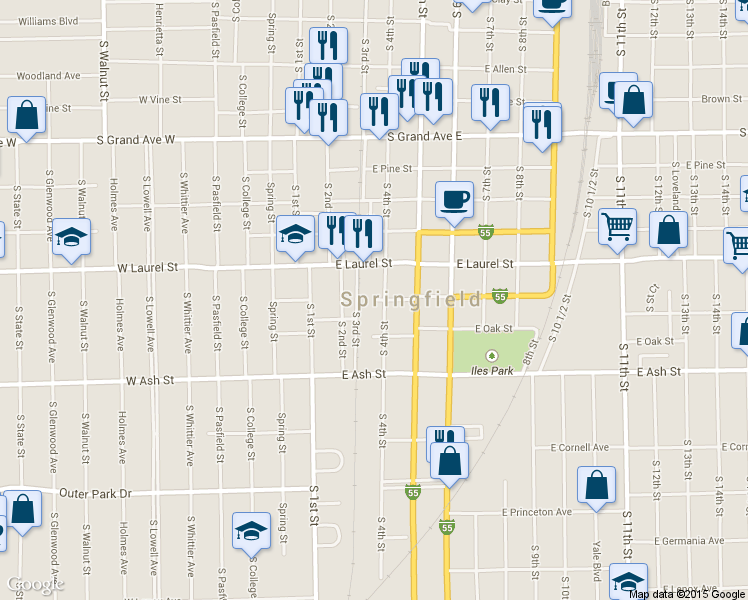 map of restaurants, bars, coffee shops, grocery stores, and more near 300 East Myrtle Street in Springfield
