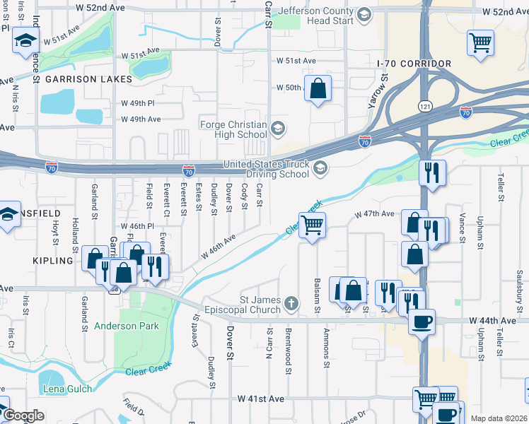 map of restaurants, bars, coffee shops, grocery stores, and more near 4705 Carr Street in Wheat Ridge