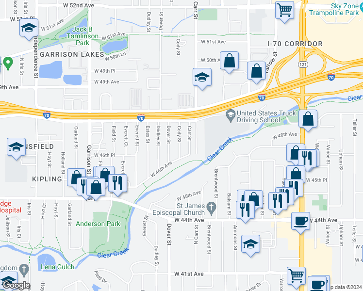 map of restaurants, bars, coffee shops, grocery stores, and more near 4705 Carr Street in Wheat Ridge