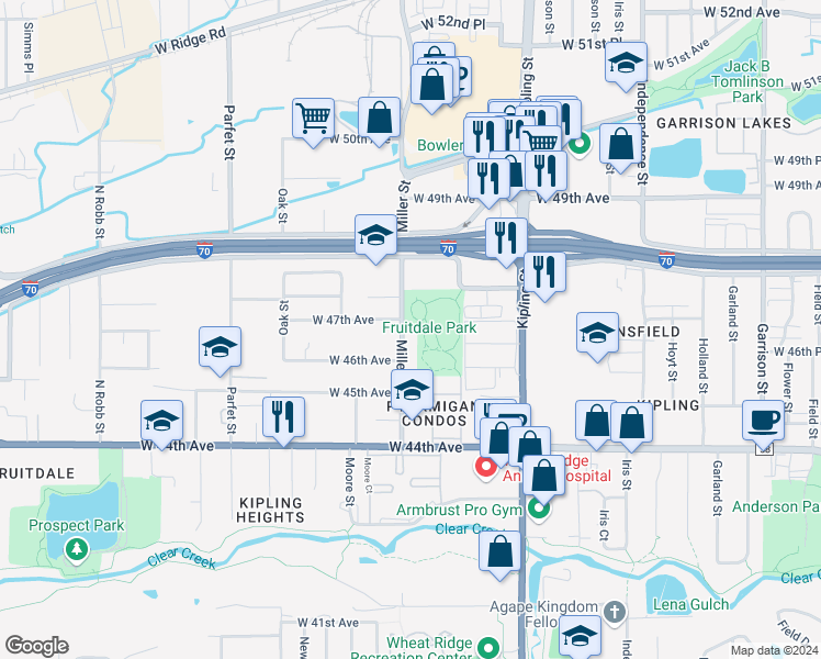 map of restaurants, bars, coffee shops, grocery stores, and more near 4680 Miller Street in Wheat Ridge