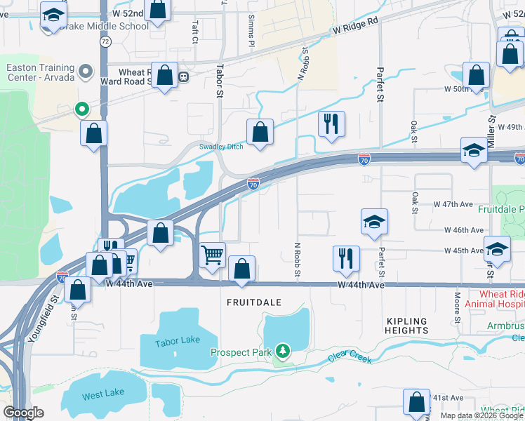 map of restaurants, bars, coffee shops, grocery stores, and more near 4675 Simms Street in Wheat Ridge