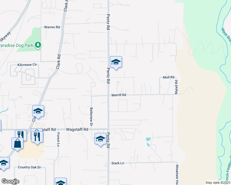 map of restaurants, bars, coffee shops, grocery stores, and more near 6790 Rexdale Lane in Paradise