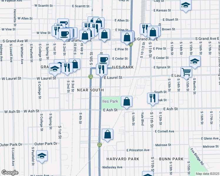 map of restaurants, bars, coffee shops, grocery stores, and more near 1911 South 7th Street in Springfield
