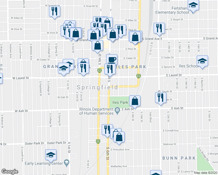map of restaurants, bars, coffee shops, grocery stores, and more near 1904 South 6th Street in Springfield