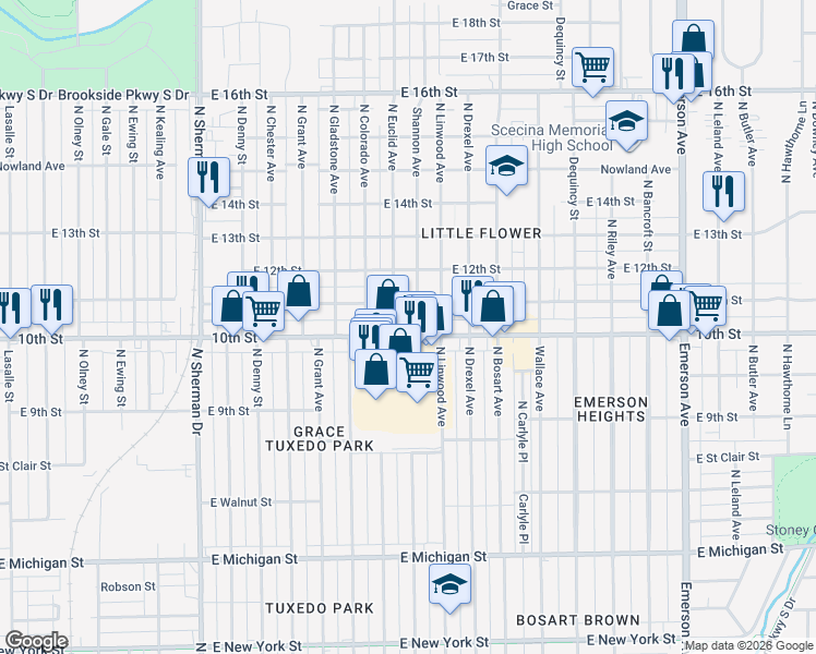 map of restaurants, bars, coffee shops, grocery stores, and more near 4412 East 10th Street in Indianapolis