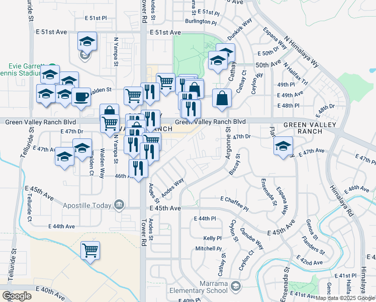 map of restaurants, bars, coffee shops, grocery stores, and more near 4766 Andes Street in Denver