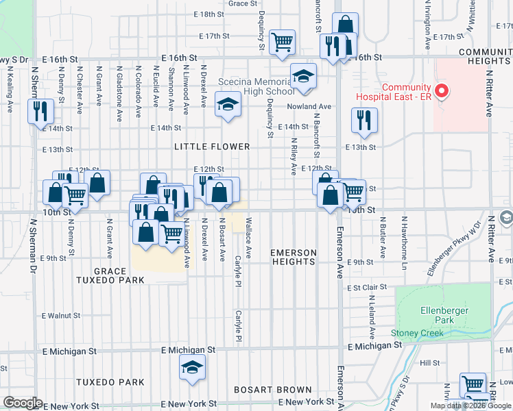 map of restaurants, bars, coffee shops, grocery stores, and more near 4810 East 10th Street in Indianapolis