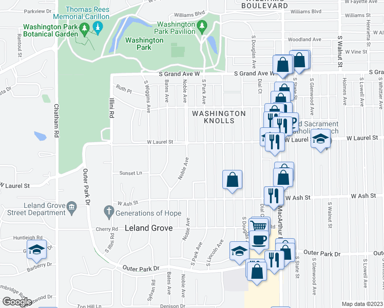 map of restaurants, bars, coffee shops, grocery stores, and more near 1710 Noble Avenue in Leland Grove