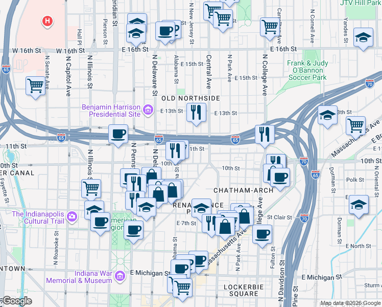 map of restaurants, bars, coffee shops, grocery stores, and more near 1018 North New Jersey Street in Indianapolis