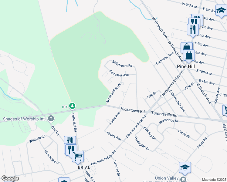 map of restaurants, bars, coffee shops, grocery stores, and more near Ski Mountain Drive in Pine Hill
