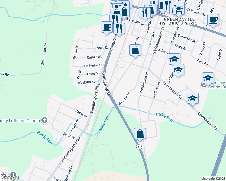 map of restaurants, bars, coffee shops, grocery stores, and more near 538 South Carlisle Street in Greencastle