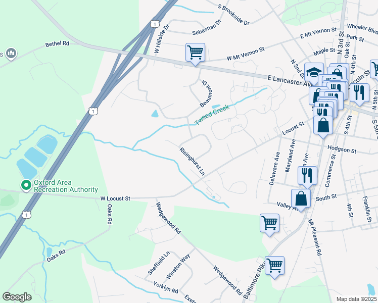 map of restaurants, bars, coffee shops, grocery stores, and more near 727 Risinghurst Lane in Oxford