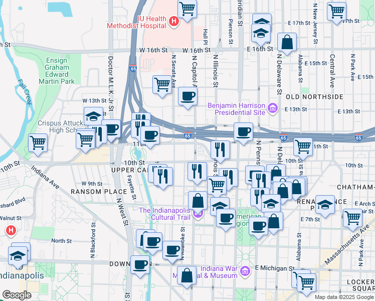 map of restaurants, bars, coffee shops, grocery stores, and more near 1030 North Capitol Avenue in Indianapolis