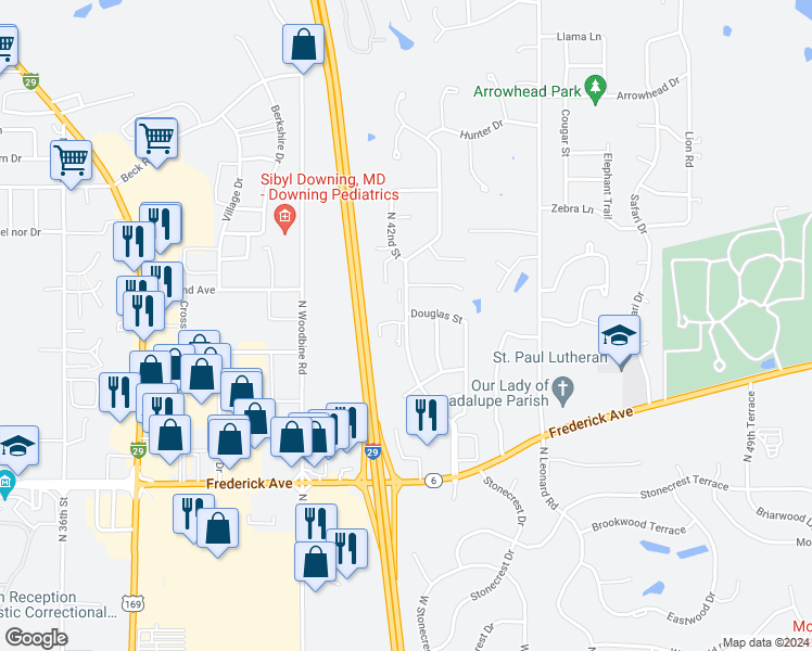 map of restaurants, bars, coffee shops, grocery stores, and more near 1806 Buckingham Street in St. Joseph