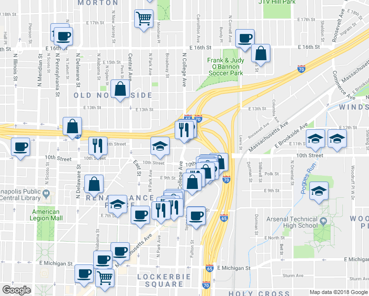 map of restaurants, bars, coffee shops, grocery stores, and more near N College Ave & E 11th St in Indianapolis