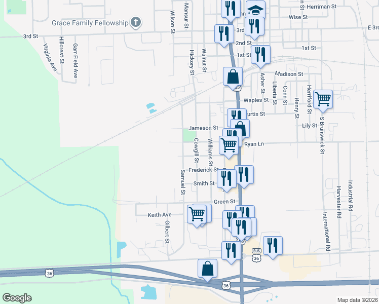 map of restaurants, bars, coffee shops, grocery stores, and more near 1100-1198 Olive Street in Chillicothe
