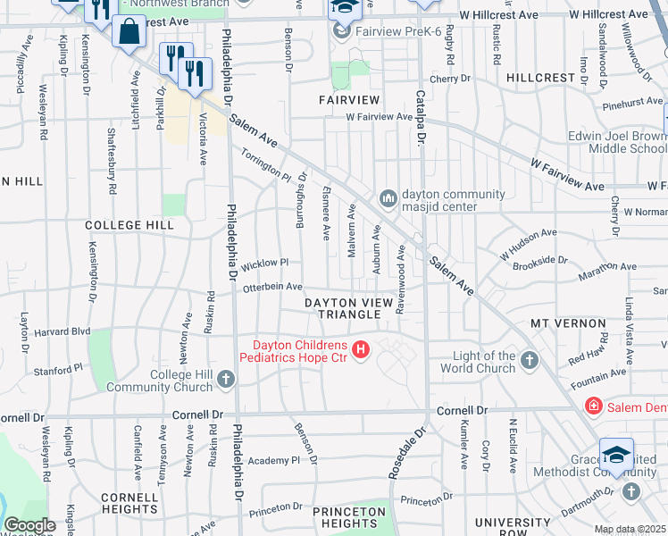 map of restaurants, bars, coffee shops, grocery stores, and more near 1824 Elsmere Avenue in Dayton