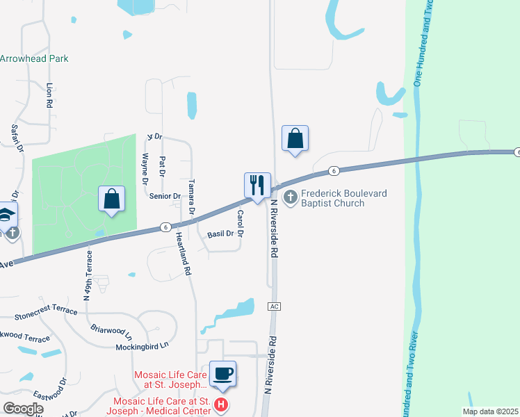 map of restaurants, bars, coffee shops, grocery stores, and more near 5430 Frederick Avenue in Saint Joseph