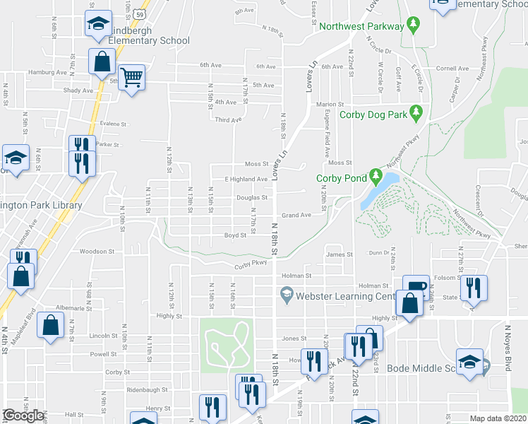 map of restaurants, bars, coffee shops, grocery stores, and more near 1709 Grand Avenue in Saint Joseph
