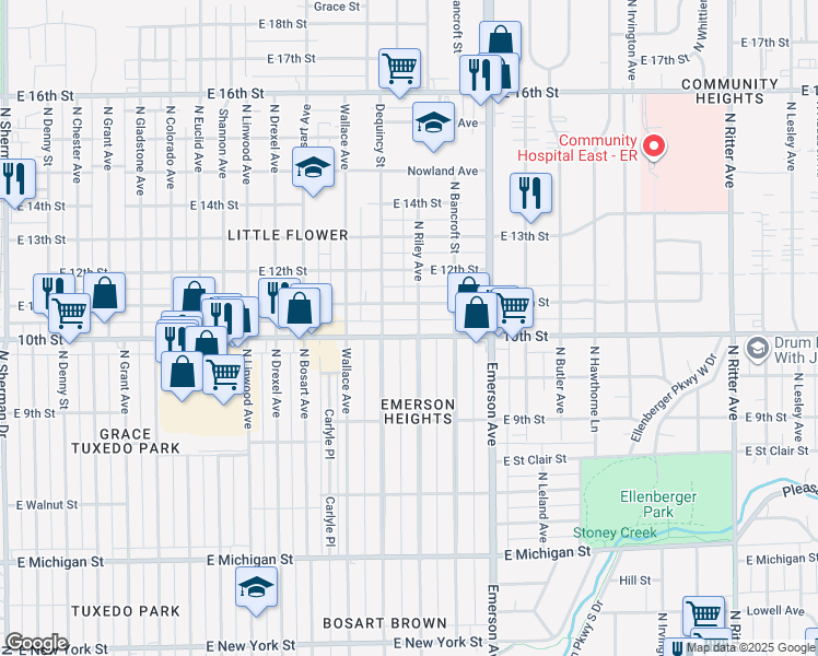 map of restaurants, bars, coffee shops, grocery stores, and more near 4928 East 10th Street in Indianapolis