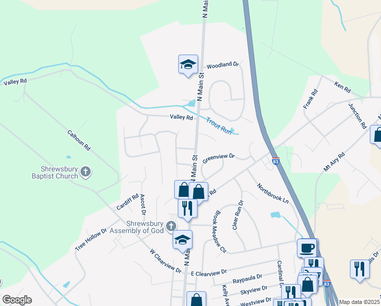 map of restaurants, bars, coffee shops, grocery stores, and more near 2 Holiday Drive in Shrewsbury