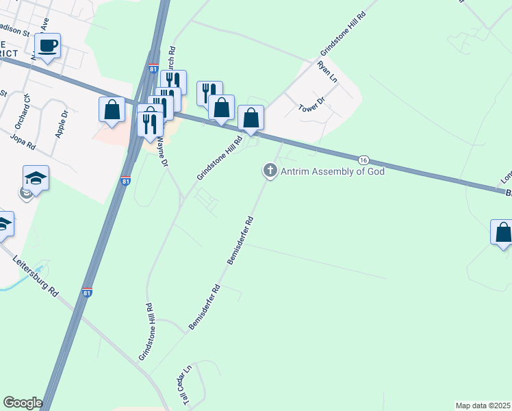 map of restaurants, bars, coffee shops, grocery stores, and more near 11286 Bemisderfer Road in Greencastle