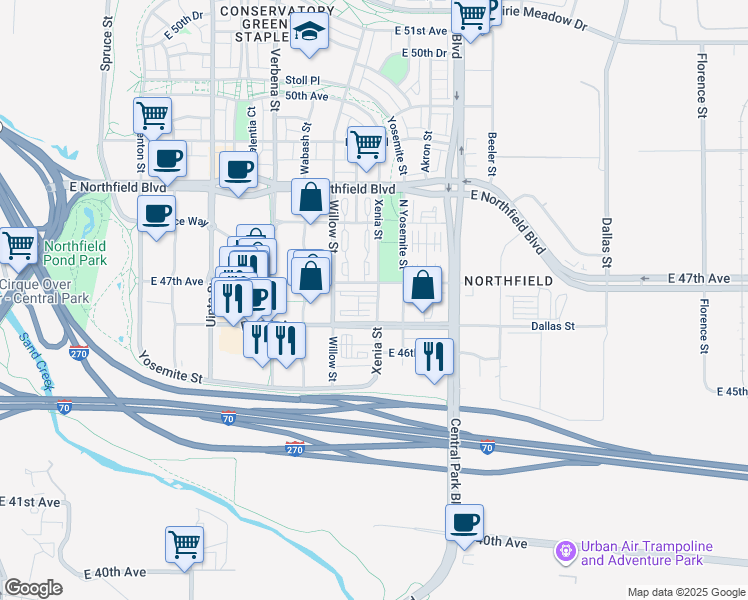 map of restaurants, bars, coffee shops, grocery stores, and more near 4677 Xenia Street in Denver