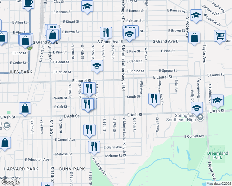 map of restaurants, bars, coffee shops, grocery stores, and more near 1801-1899 S 17th St in Springfield
