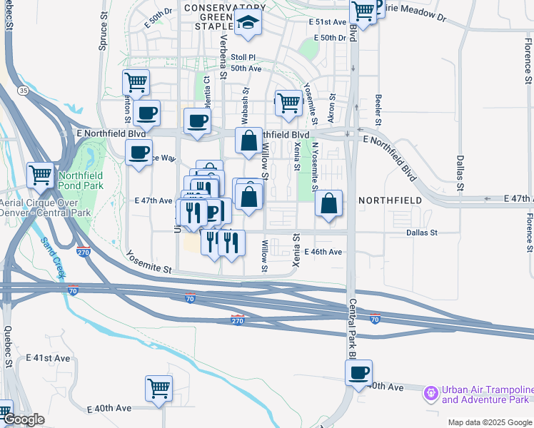 map of restaurants, bars, coffee shops, grocery stores, and more near 8634 Northfield Boulevard in Denver