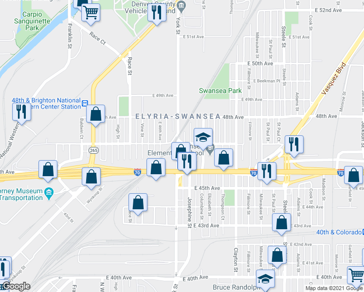 map of restaurants, bars, coffee shops, grocery stores, and more near in Denver