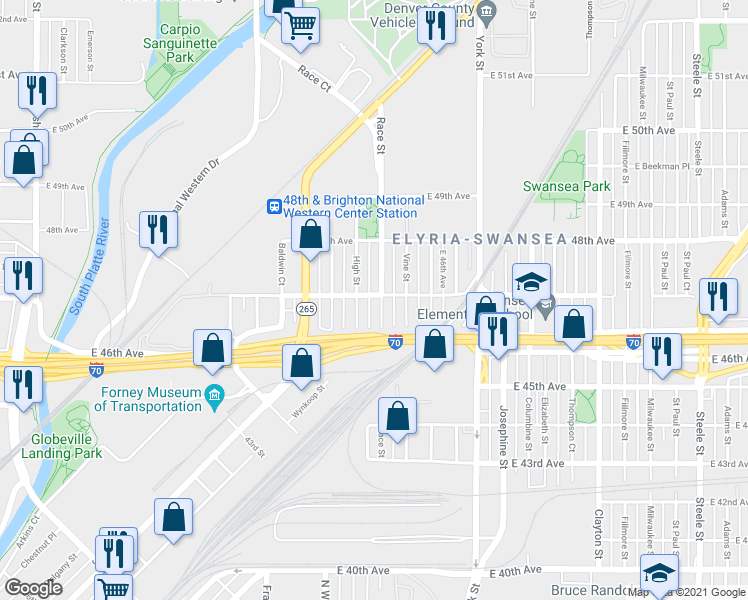 map of restaurants, bars, coffee shops, grocery stores, and more near 4669 Race Street in Denver