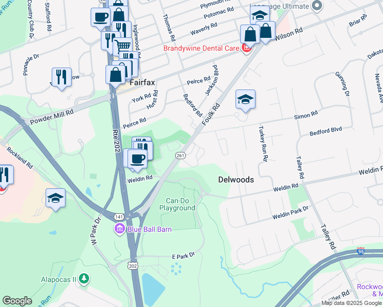 map of restaurants, bars, coffee shops, grocery stores, and more near 400 Foulk Road in Wilmington