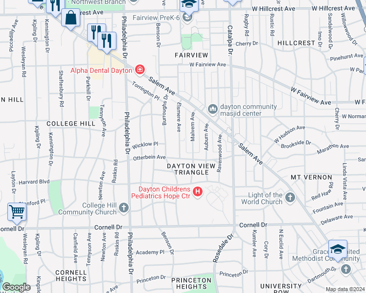 map of restaurants, bars, coffee shops, grocery stores, and more near 1815 Malvern Avenue in Dayton