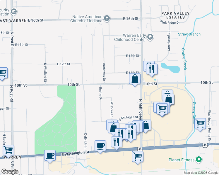 map of restaurants, bars, coffee shops, grocery stores, and more near 9627 East 10th Street in Indianapolis