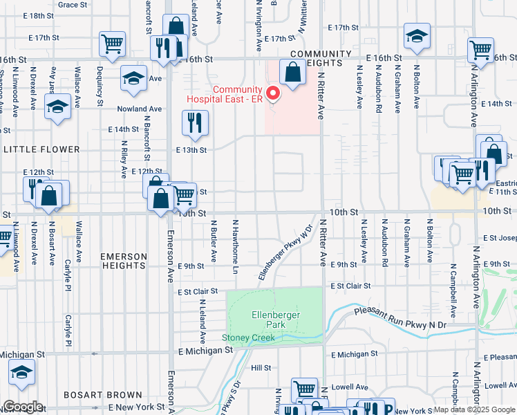 map of restaurants, bars, coffee shops, grocery stores, and more near 5334 East 10th Street in Indianapolis