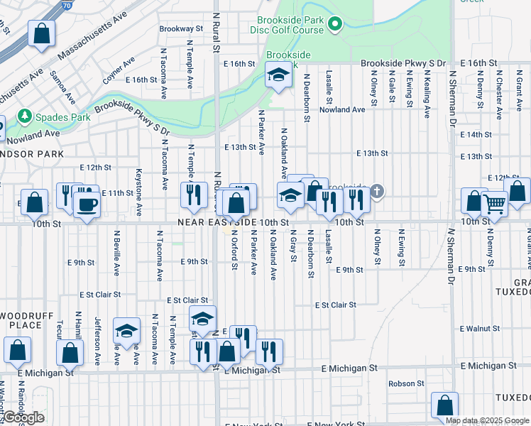 map of restaurants, bars, coffee shops, grocery stores, and more near 3022 East 10th Street in Indianapolis
