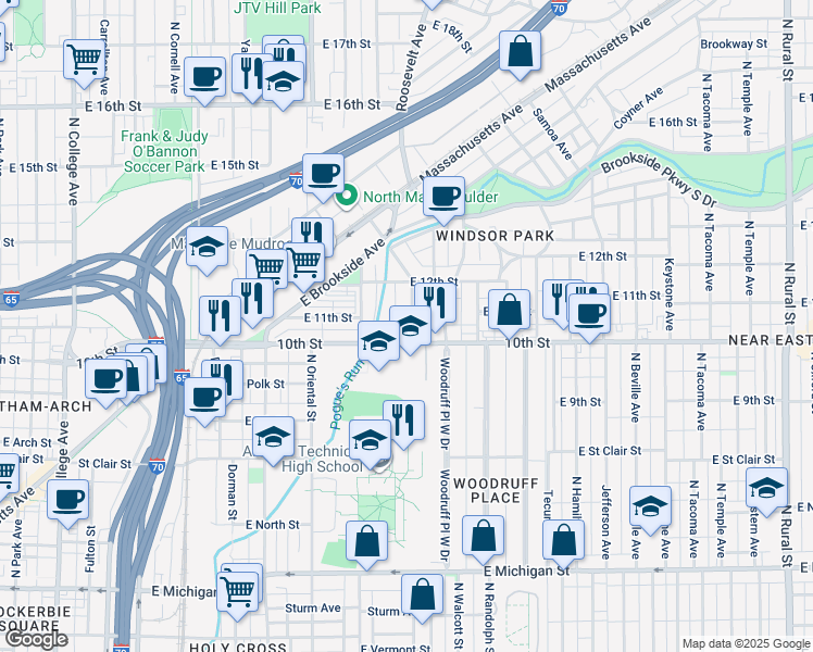 map of restaurants, bars, coffee shops, grocery stores, and more near 1552 East 10th Street in Indianapolis