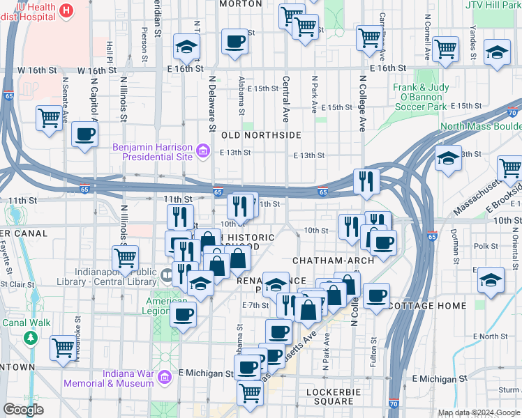 map of restaurants, bars, coffee shops, grocery stores, and more near 1018 North New Jersey Street in Indianapolis