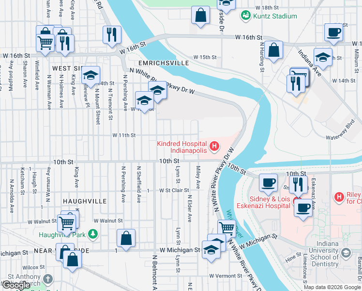 map of restaurants, bars, coffee shops, grocery stores, and more near 1026 North Elder Avenue in Indianapolis